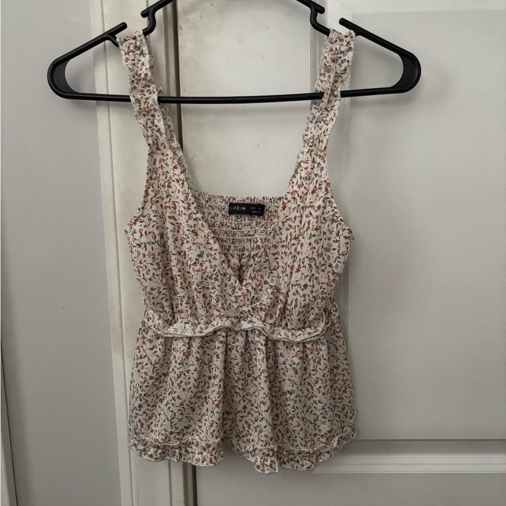 SHEIN Floral Print Tank Top - Cream and Red